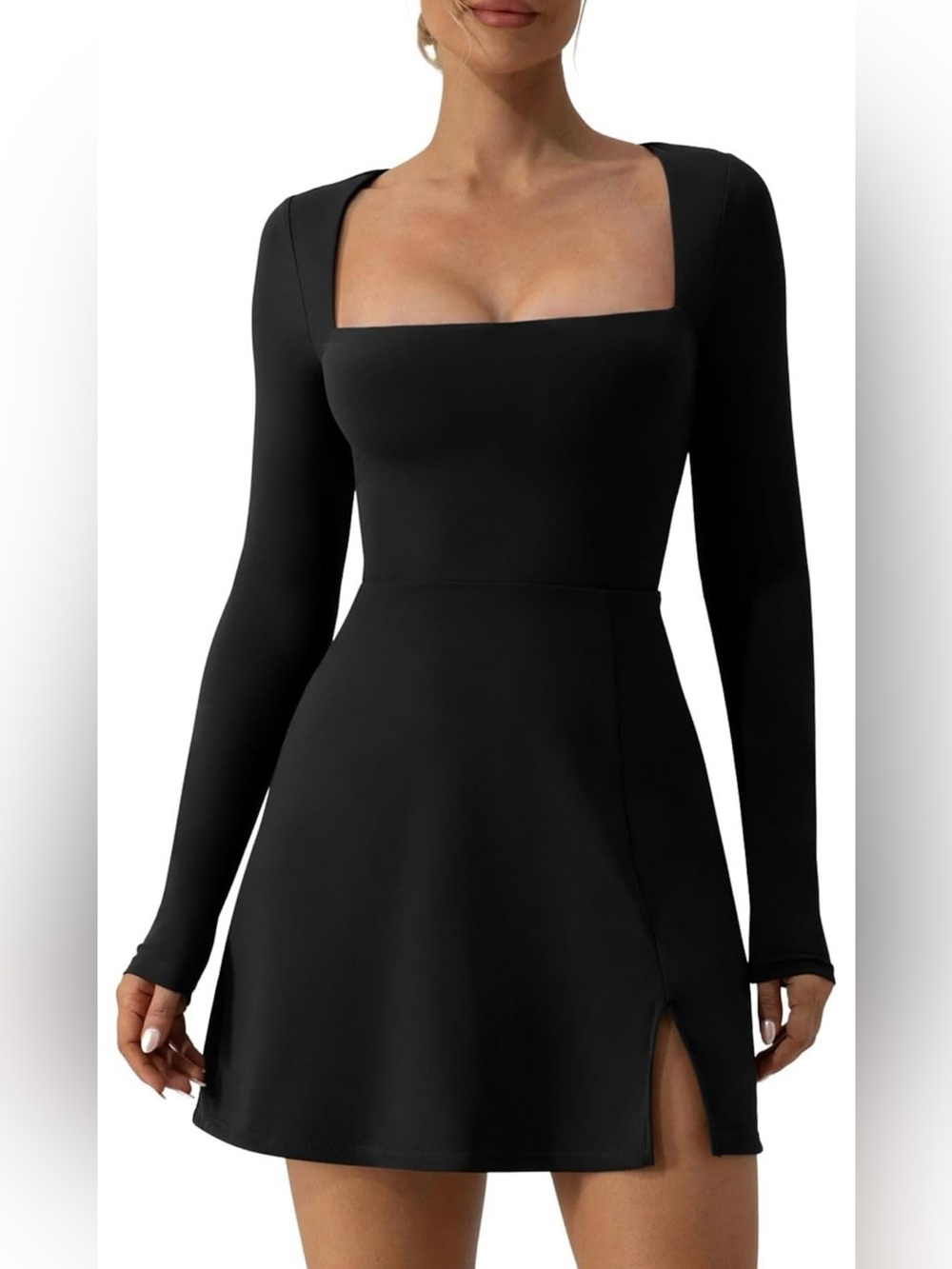 QINSEN Square Neck Long Sleeve Flare Dress with Side Slit